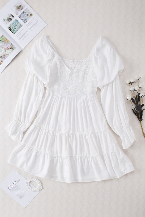 Boho Solid Shirred Ruffle Mini Dress